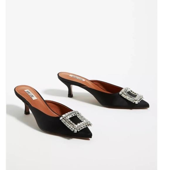Anthropologie Bi Lou Aoi Black  Rhinstones Buckle Pointed Toe Kitten Heel  Mules - Picture 1 of 10